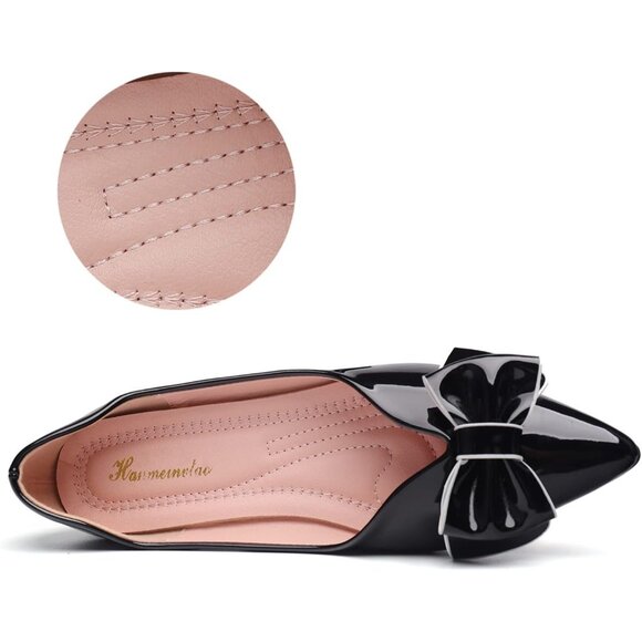 Women Black Artificial lacquer leather Pointed Toe Bow Memory Foam Flats - Picture 3 of 6